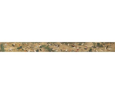 Spielende Katzen in Garten im Stil von Yu Zhiding (1647-1716)China, 18./ 19. Jh.30 x 348 cm R.Tusche und Farbe auf Seide als 