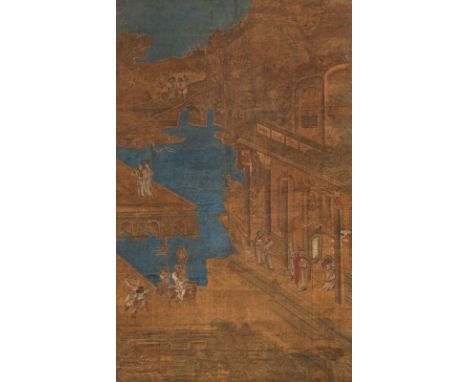 Malerei im Stil von Leng Mei als Hängerolle montiertChina, Qing-Dynastie99  x 154 cmFiguren und Gebäude im Stil von Leng Mei,