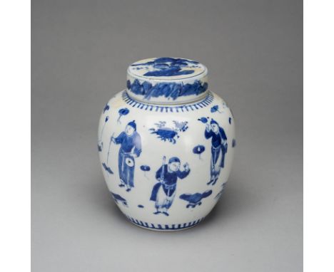 Ingwertopf mit blau-weißem FigurendekorCHINA, unterglasurblaue Kangxi-Vierzeichenmarke, 19. Jh.H. 20,6 cmAus einer norddeutsc