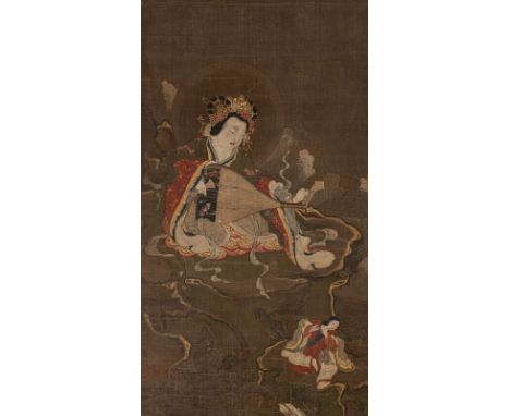 Anonyme Malerei der Benzai-tenJapan, Edo-Periode72,8 x 39,8 cm R.Tusche und Farben auf Seide, unter Glas gerahmt. Benzai ten 