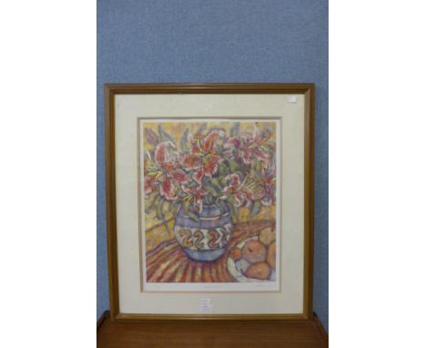 A signed Lorraine Platt limited edition print, Stargazer Lilies, framed 