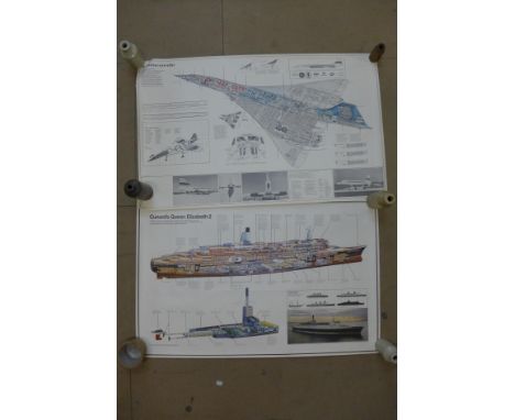 Five unframed prints, Concorde plans, Ordnance map, etc. 