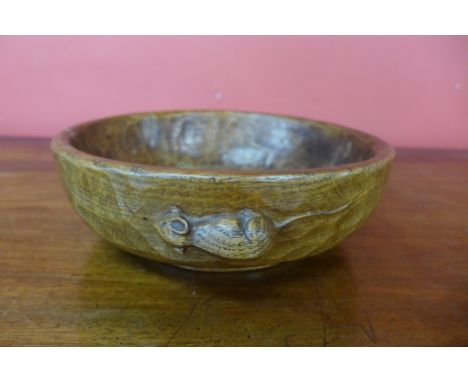 A Robert Mouseman Thompson of Kilburn hand carved oak fruit bowl, circa 1940's/50's, 8cms h x 24cms d 