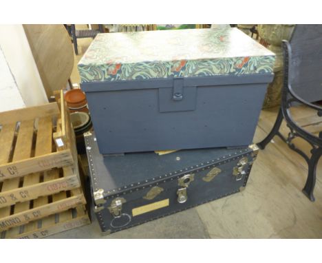 A steamer trunk and a fitted pine tool chest 