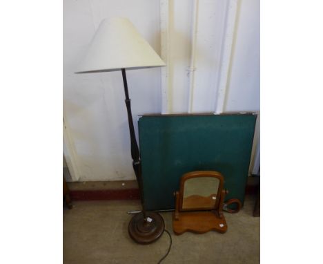 A Victorian mahogany toilet mirror, a folding card table, lamp and a shooting stick 