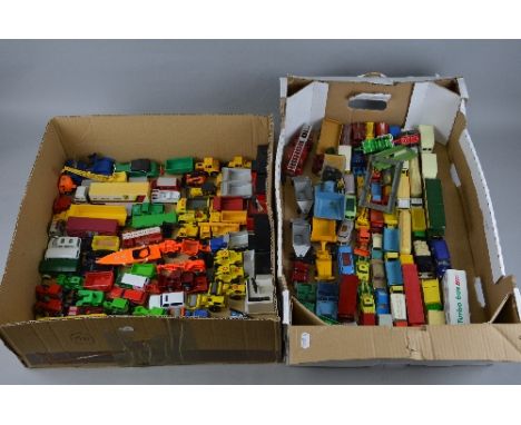 A QUANTITY OF UNBOXED AND ASSORTED PLAYWORN DIECAST VEHICLES, to include Dinky Toys Universal Jeep, No.25y, dark green body w