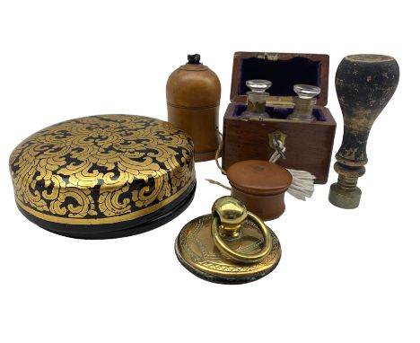 Mahogany and brass scent caddy with lined interior containing two bottles of scent by Lescol, with treen items including stri