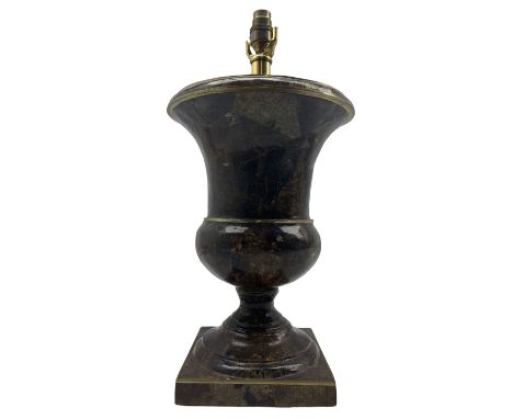 20th century campana urn form table lamp with sectional craquelure textured ground and patinated brass banding, retailed by M