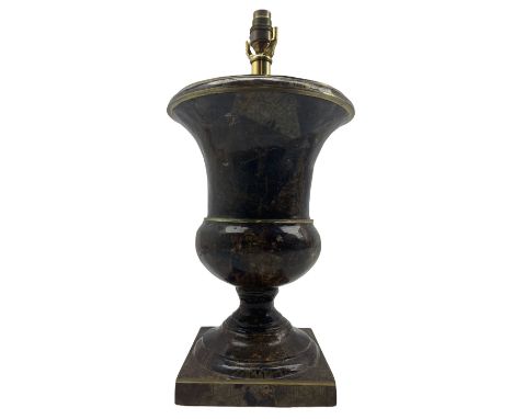 20th century campana urn form table lamp with sectional craquelure textured ground and patinated brass banding, retailed by M