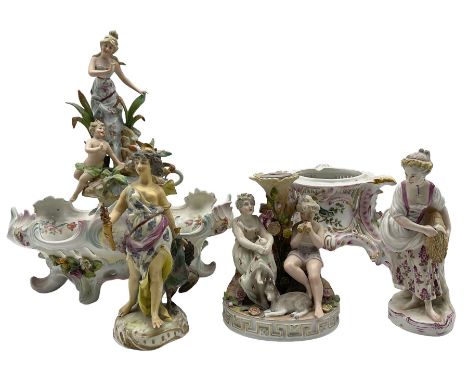 19th century Meissen figure representing Summer, H19cm, French female figure with a peacock H20cm, Continental centrepiece, H