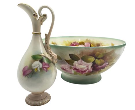 Early 20th century Royal Worcester fruit bowl by Reginald Austin, hand painted throughout with roses on a faded green ground,