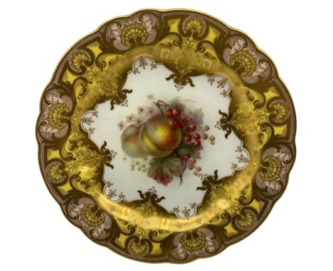 Early 20th century Royal Worcester cabinet plate by Richard Sebright, the centre painted with plumbs and gooseberries, signed