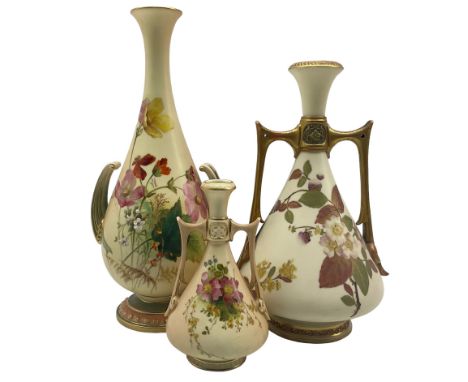 Late Victorian Royal Worcester twin handled ovoid form vase, painted and gilded with floral sprays, with puce printed marks b