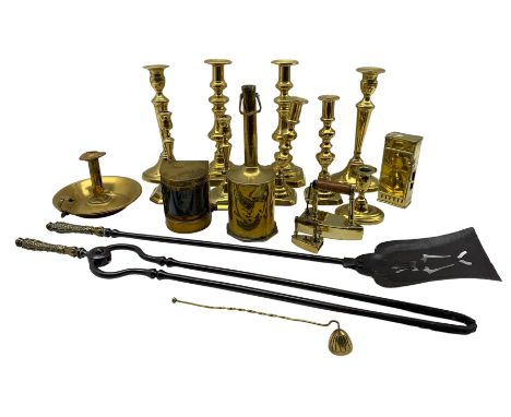 Group of Victorian brass and cast iron charcoal irons, 19th century brass and wrought iron chestnut roaster, brass clockwork 