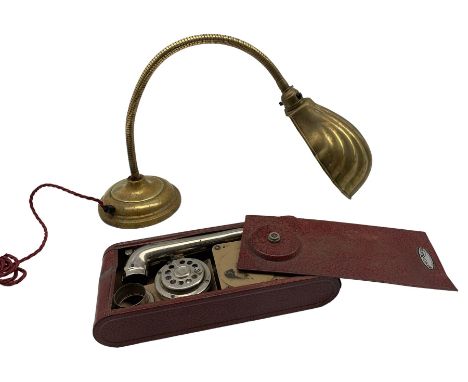 Thorens portable gramophone in red japanned case with carrying handle L27cm and a brass anglepoise desk lamp with shell shape