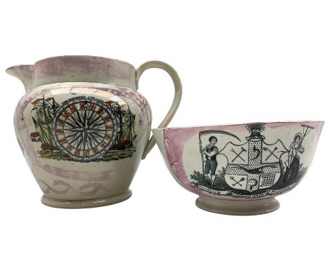 19th century Sunderland pink lustre bowl with 'The Farmer' verse and 'God Speed the Plough' D18cm and a Sunderland jug with '