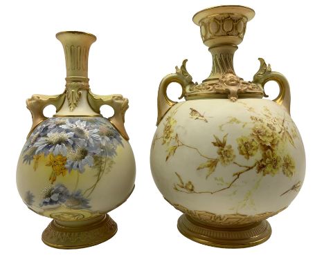 Late Victorian Royal Worcester Persian style, vase of globular twin handled form, the ivory ground painted with Butterflies, 