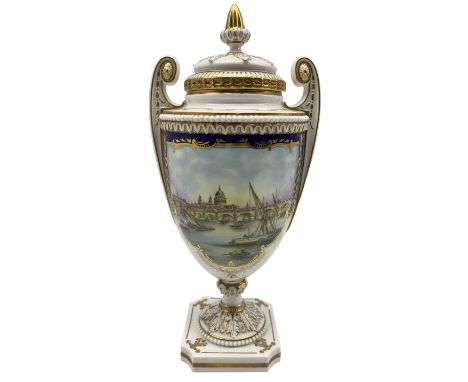 20th century Royal Worcester twin handled vase and cover, decorated with a view of the Thames,  made to commemorate 200 years