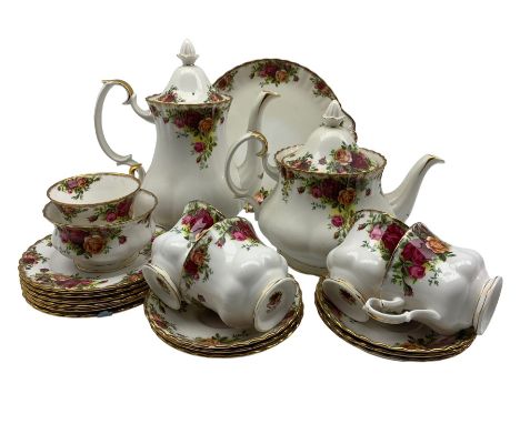 Royal Albert Old Country Roses part tea and coffee set comprising teapot, coffee pot, five cups and six saucers, six tea plat