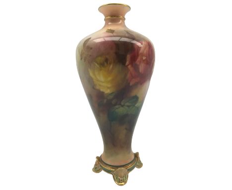 Early 20th century Royal Worcester Hadley Ware vase, of inverted baluster form, hand painted with a display of roses and a si