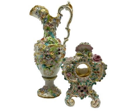 Coalbrookdale style floral encrusted ewer, H33.5cm together with a similar style 19th century porcelain pocket watch stand (2