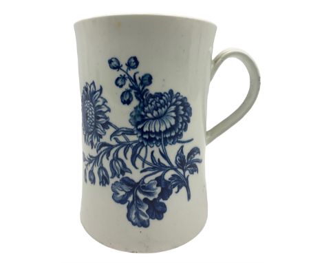 18th century Worcester blue and white mug decorated with the Natural Sprays pattern with flowers and two butterflies, open cr