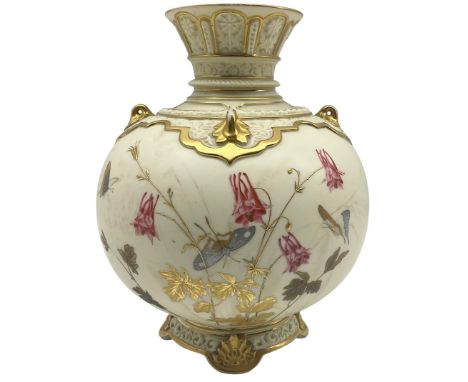 Late Victorian Royal Worcester Persian style vase, of globular form with floral moulded flared rim, the ivory ground heighten