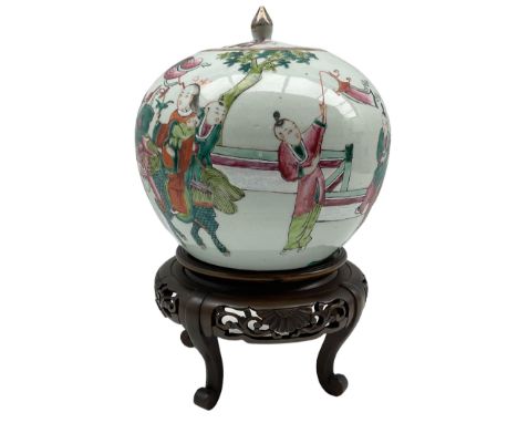 Chinese Famille Rose porcelain ginger jar and cover, of ovoid form painted in polychrome enamels with a procession of figures