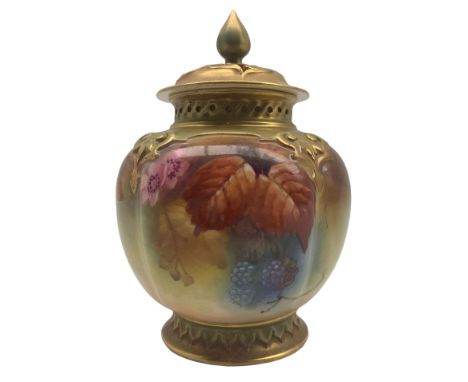 Early 20th century Royal Worcester pot pourri vase and cover by Kitty Blake, of quatrelobed form hand painted with autumnal l