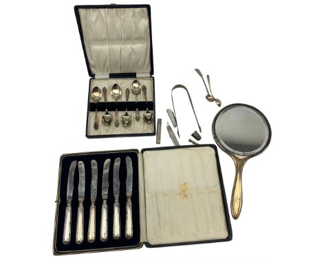 Set of six silver coffee spoons Sheffield 1902, pair of early 19th century sugar tongs, silver bladed and mother of pearl fru