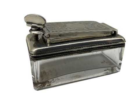 George III  glass rectangular travelling inkwell with engraved hinged silver cover L7cm London 1819