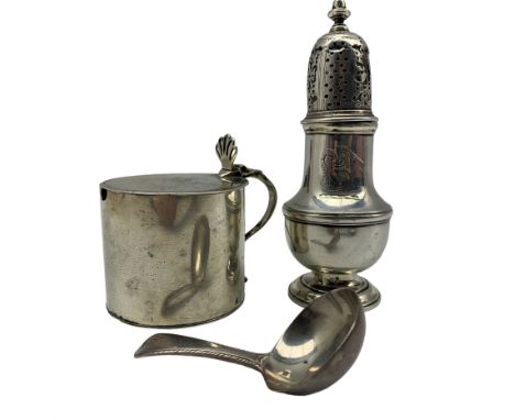 Georgian silver circular mustard pot engraved with a crest, Georgian sugar sifter and a George IV silver caddy spoon 7.9oz (3