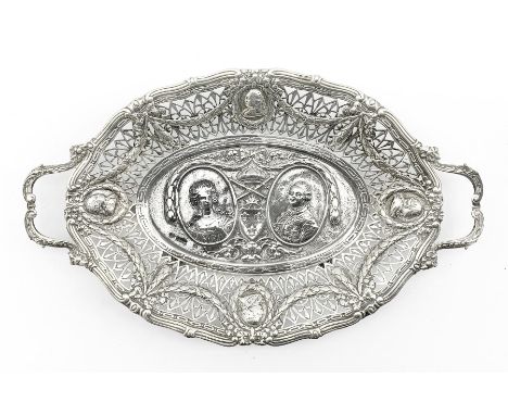 19th century Continental oval two handled dish embossed with portrait panels of Louis XVI and Marie Antoinette within a pierc