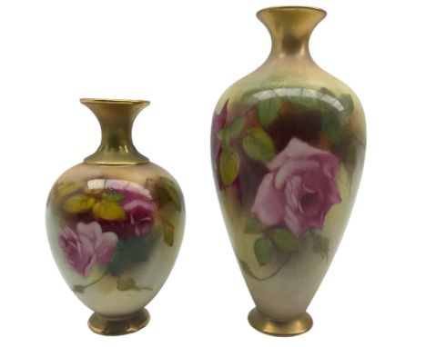 Early 20th century Royal Worcester vase, of ovoid form, hand painted with roses, upon circular gilt foot, with puce printed m