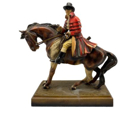 Early 20th century painted spelter novelty table lighter in the form of Dick Turpin on Black Bess on a rectangular base W18cm