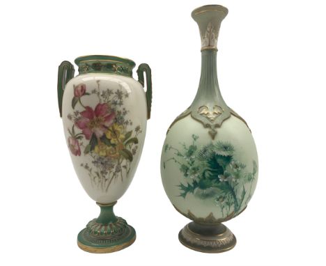 Early 20th century Royal Worcester vase, of twin handled urn form, painted with faded green borders and floral sprays to the 