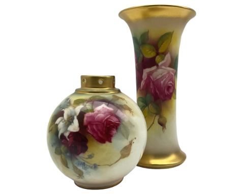 Early 20th century Royal Worcester vase by Mildred Hunt, of waisted cylindrical form, hand painted with roses, signed M Hunt,