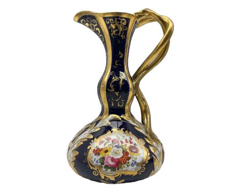 Late 18th century Chamberlains Worcester ewer, of squat form with slender neck and entwined serpent handle, the body with two