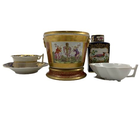 Early 19th century cachepot decorated with gilt ring handles on red ground with gilt seaweed and two panels with classical sc