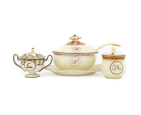 A Wedgwood Creamware Custard Cup and Cover, circa 1800, of typical form, painted in orange and gilt with crest and with monog