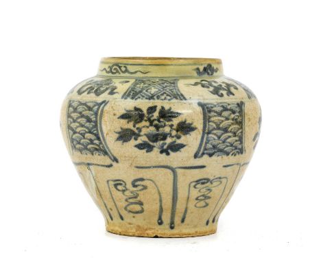 An Annamese Porcelain Jar, 15th/16th century, of baluster form, painted in underglaze blue with a stylised flowersprays withi