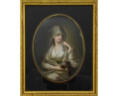 A KPM-Style Porcelain Plaque, circa 1880, of oval form, painted with a three-quarter length portrait of a vestal virgin sitti