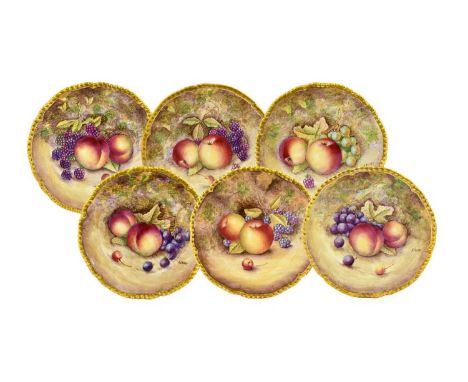 A Set of Six Royal Worcester Porcelain Dinner Plates, by John Reed, 2nd half 20th century, painted with still lifes of fruit 