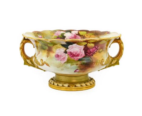 A Royal Worcester Porcelain Campana Shaped Bowl, by Reginald Austin, 1912, with lobed rim and leaf-sheathed handles, painted 