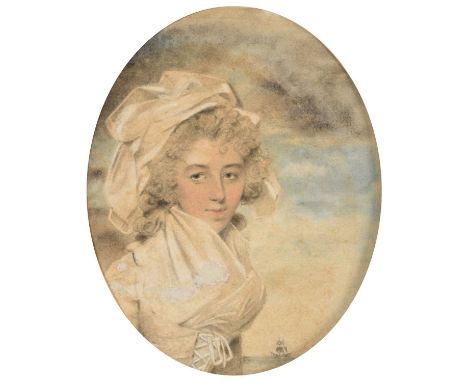 Attributed to John Downman ARA (1750-1824)Portrait of a lady, half length, seated before a seascapeWatercolour, 15cm dia. (ov