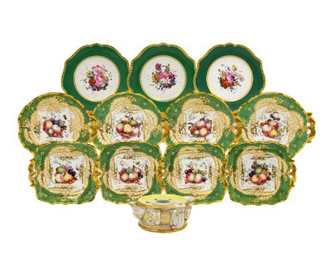 A Set of Three Chamberlain's Worcester Porcelain Dessert Plates, circa 1820, painted with flowersprays within green gilt bord