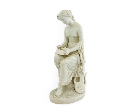 ~ A Copeland Parian Figure of Corinna, circa 1877, sitting on a rock writing on a manuscript, a lyre at her side, on an oval 