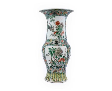 A Chinese Porcelain Yen-Yen Vase, in Kangxi style, painted in famille verte enamels with birds amongst foliage on a foliate g