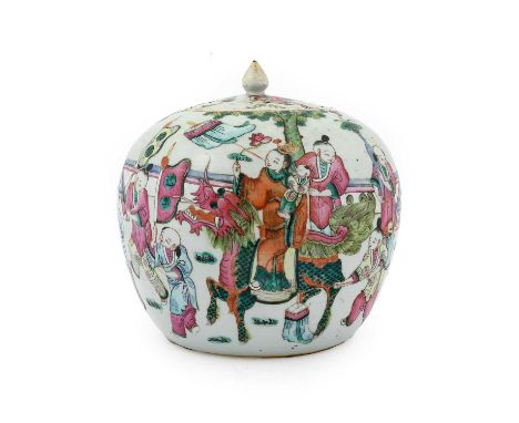 A Chinese Porcelain Jar and Cover, 19th century, of ovoid form, painted in famille rose enamels with a parade of children and