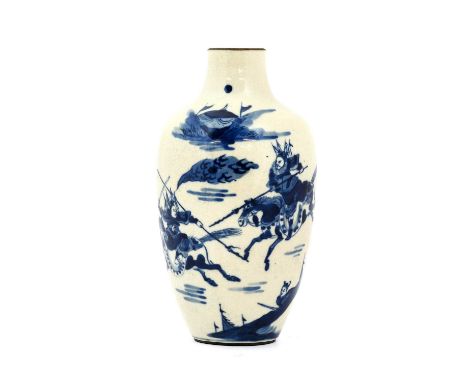 A Chinese Porcelain Baluster Vase, Kangxi reign mark but not of the period, painted in underglaze blue with warriors, bears s